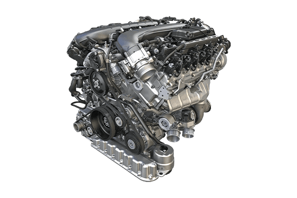 Diesel engine assembly showing external components and connection interfaces