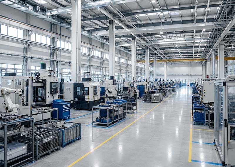 Machining workshop with rows of production equipment