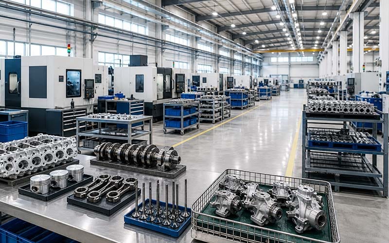 Engine components and machining equipment in a workshop